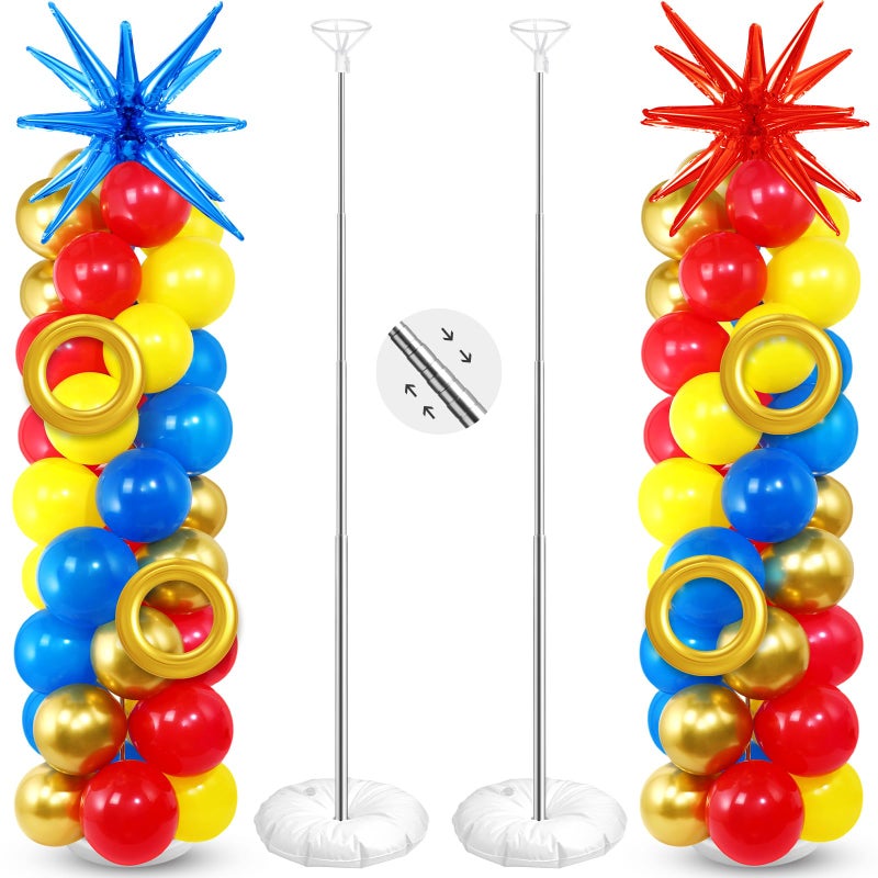 Sosation 2 Set Red Blue Yellow Balloon Column Stand Kit with 2 Explosion Star Foil Balloons 90 Latex Balloon 6 Gold Ring Foil Balloons Adjustable Stands for Video Game Birthday Carnival Party - Image 3