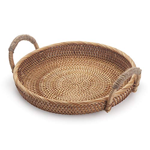 DOKOT Rattan Round Fruit Basket for Table Wicker Bread Tray with Handle for Serving Food, Crackers, Snacks (11inch D x 1.8inch H) - Image 1