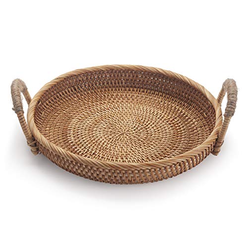 DOKOT Rattan Round Fruit Basket for Table Wicker Bread Tray with Handle for Serving Food, Crackers, Snacks (11inch D x 1.8inch H) - Image 2