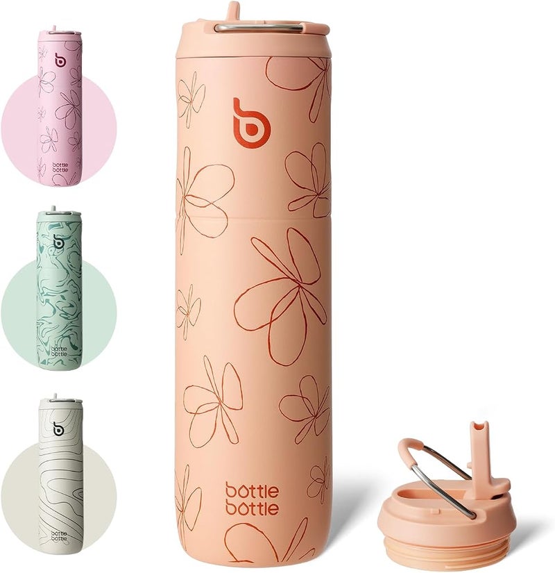 BOTTLE BOTTLE Insulated Water Bottle 24oz with Straw Lid and Handle for Sports Travel Gym Stainless Steel Water Bottles Double-Wall Vacuum Metal Leak Proof BPA-Free (Petal Passion) - Image 1