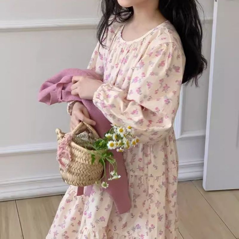 Girls dress Spring and Autumn New Childrens Floral Skirt Knitted Coat Early Spring Floral Skirt Western Style ◆ ◇ Floral dress ◆ ◇