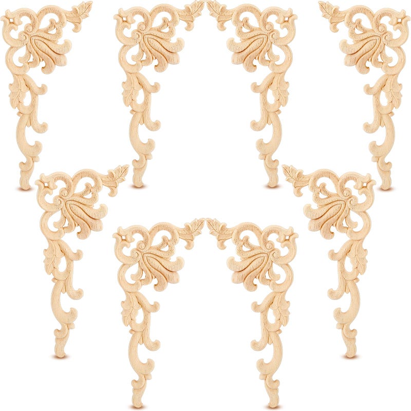 Yulejo 8 Pieces Wood Appliques Onlays Decorative Wooden Applique DIY Wood Appliques and Onlays for Furniture Unpainted Carved Corner Applique for Cabinet Door Bed Wardrobe Furniture Decoration