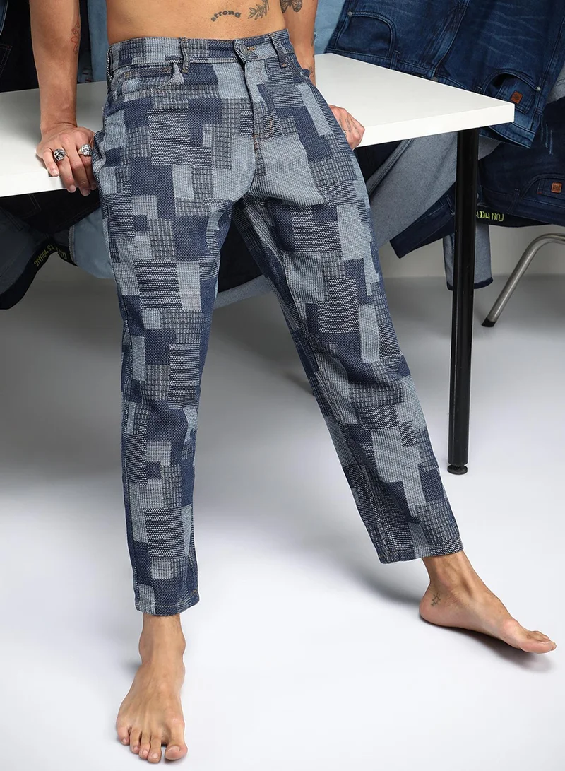 Men's Navy Blue Blcoked Straight-Fit Denim Jeans