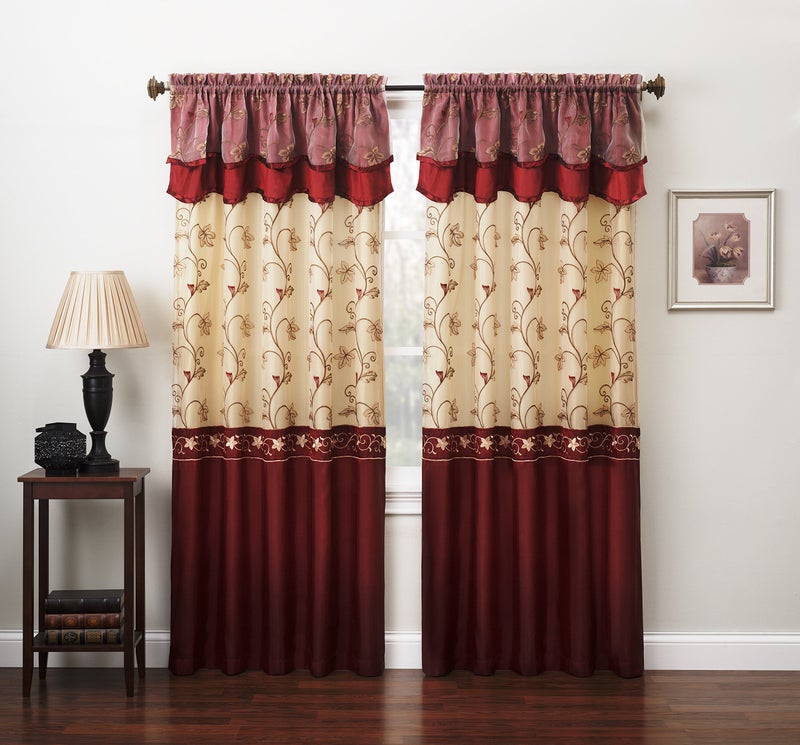 Fancy Collection Embroidery Curtain Set 2 Panel Drapes with Backing & Valance (110"x 84", Burgundy)