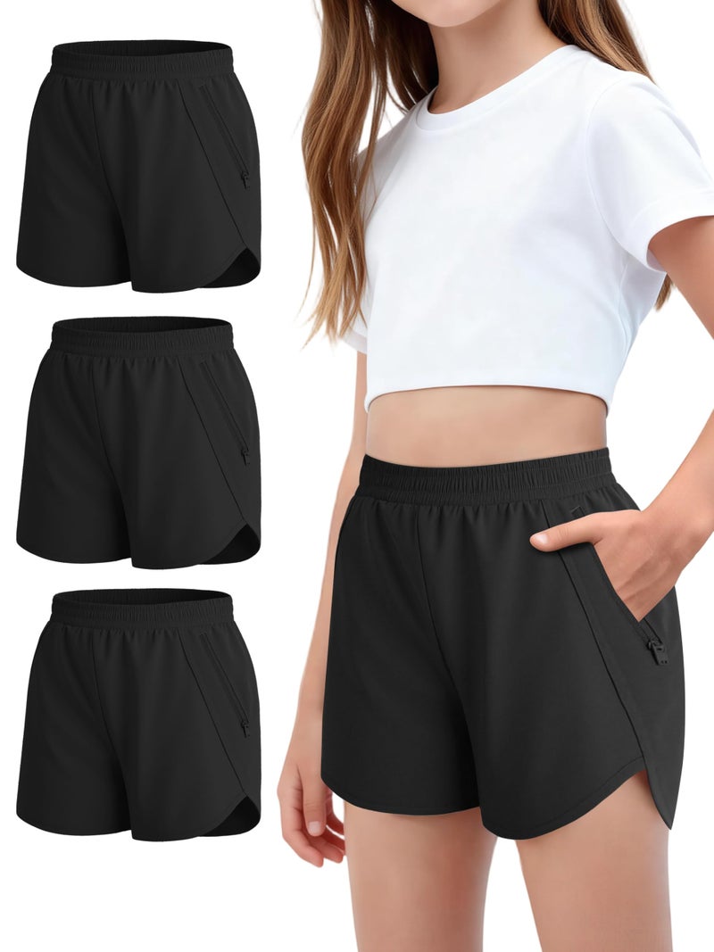 Resinta 3 Pack Girls Athletic Shorts High Waisted Quick Dry Running Shorts with Zipper Pockets Sports Active Shorts for Kids Black - Image 1