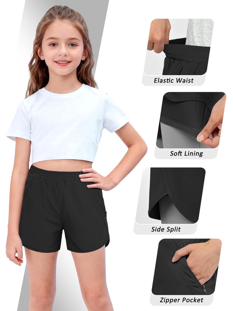 Resinta 3 Pack Girls Athletic Shorts High Waisted Quick Dry Running Shorts with Zipper Pockets Sports Active Shorts for Kids Black - Image 5
