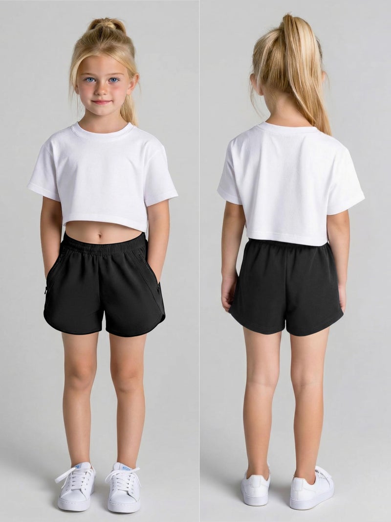 Resinta 3 Pack Girls Athletic Shorts High Waisted Quick Dry Running Shorts with Zipper Pockets Sports Active Shorts for Kids Black - Image 2