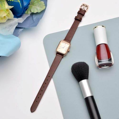 ANNEFIT Womens Leather Watch Band 14mm with Gold Buckle Lizard Grain Slim Thin Replacement Strap Brown - Image 3