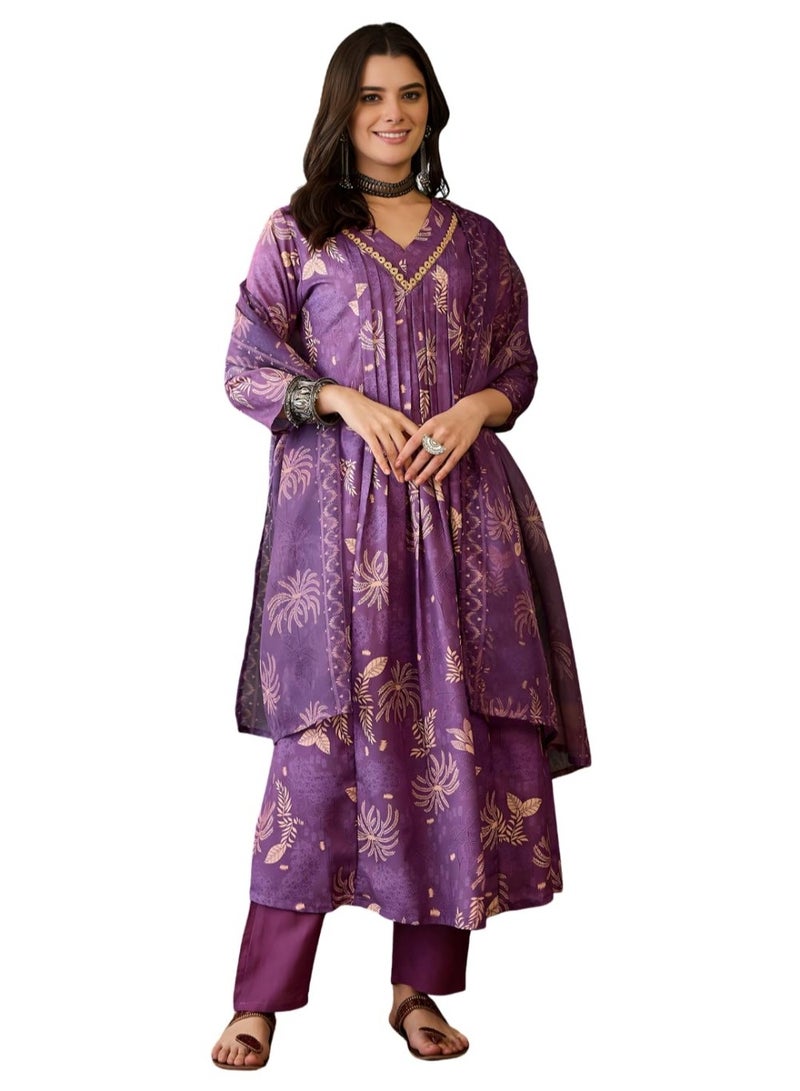 Naixa Women's Rayon Printed A-Line Kurta with Pant and Dupatta Sets (NX2-730-Purple-3XL) - Image 1