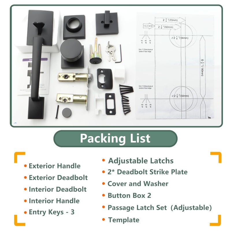 Foswdero Front Door Lock Set with Door Knob for Exterior Entry Door, Front Door Handle and Deadbolt Set, Zinc Alloy, Modern Style (Matte Black, 8012) - Image 5