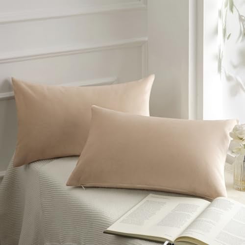 Phantoscope Pack of 2 Velvet Decorative Throw Pillow Covers Soft Solid Square Cushion Case for Couch Beige 12 x 20 inches 30 x 50 cm - Image 1