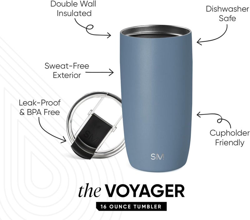 Simple Modern Travel Coffee Mug Tumbler with Flip Lid | Reusable Insulated Stainless Steel Cold Brew Iced Coffee Cup Thermos | Gifts for Women Men Him Her | Voyager Collection | 16oz | Blue Dune - Image 2