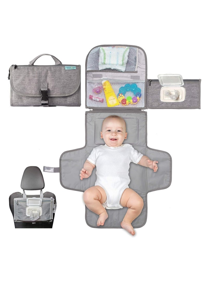 Waterproof Travel Diaper Changing Pad for Infants, Girls, And Newborn Boys, With Wet Wipe Pockets, Diaper Changing Pad - Gray - Image 1