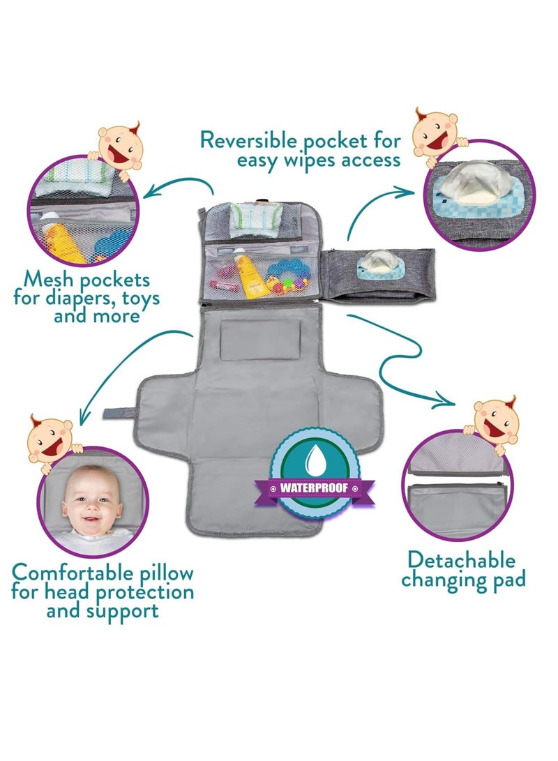 Waterproof Travel Diaper Changing Pad for Infants, Girls, And Newborn Boys, With Wet Wipe Pockets, Diaper Changing Pad - Gray - Image 3