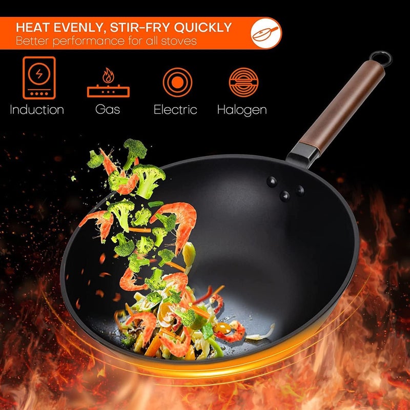Masroo Carbon Steel Wok, 30cm Wok Pan with Lid and Spatula, Nonstick Woks and Stir-fry Pans, No Chemical Coated Flat Bottom Chinese Wok for Induction, Electric, Gas, All Stoves, black - Image 3