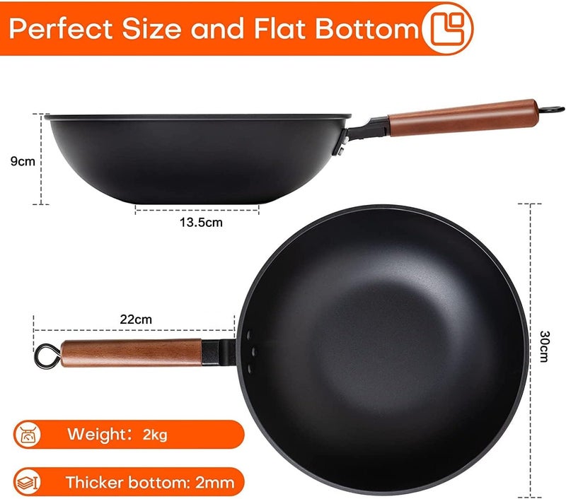 Masroo Carbon Steel Wok, 30cm Wok Pan with Lid and Spatula, Nonstick Woks and Stir-fry Pans, No Chemical Coated Flat Bottom Chinese Wok for Induction, Electric, Gas, All Stoves, black - Image 2