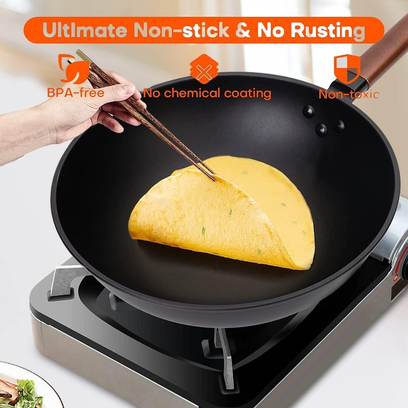Masroo Carbon Steel Wok, 30cm Wok Pan with Lid and Spatula, Nonstick Woks and Stir-fry Pans, No Chemical Coated Flat Bottom Chinese Wok for Induction, Electric, Gas, All Stoves, black - Image 5