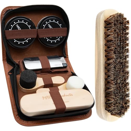 MARZ Deluxe Portable 7pc Shoe Shine Kit  Genuine Horsehair Brush Black  White Shoe Polish  Suede  Leather Cleaning Kit for Sneakers Boots 
