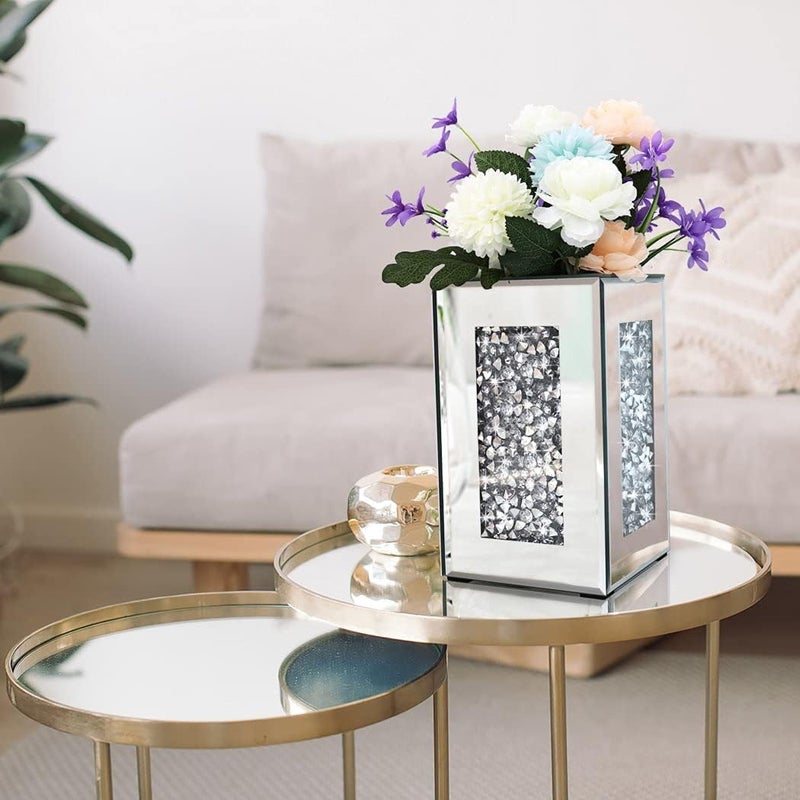 ALLARTONLY Crushed Diamond Mirrored Vase 6x6x10 inch Crystal Silver Glass Stunning Decorative Vase Flower Luxury for Home Decor. Can’t Hold Water. - Image 2