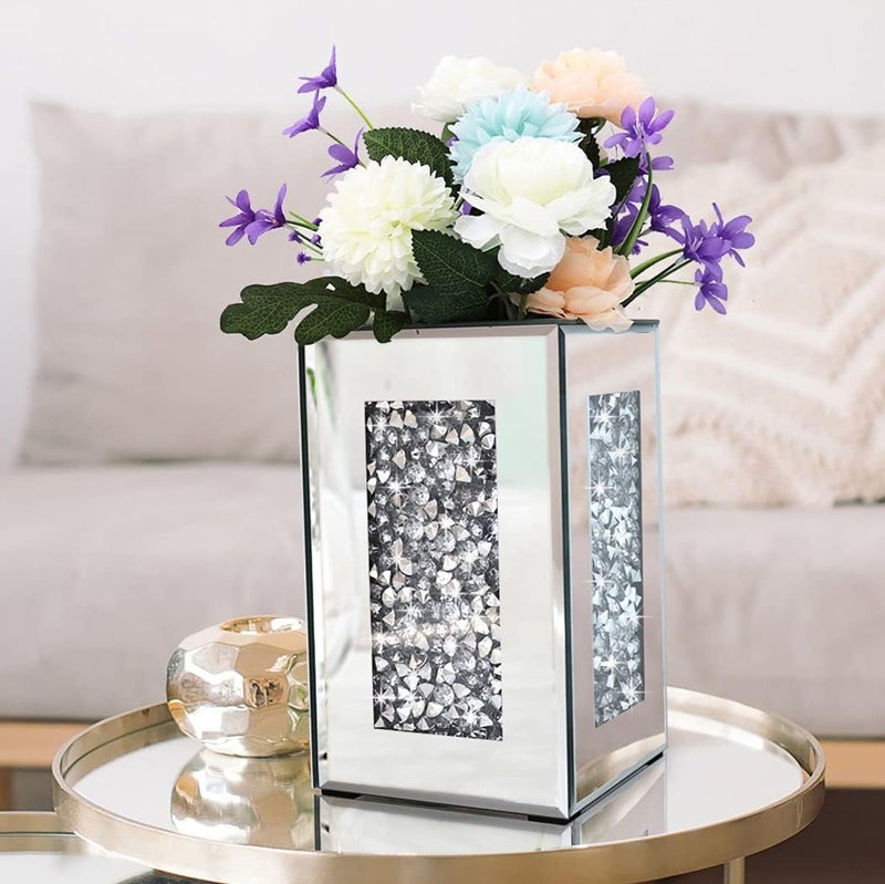 ALLARTONLY Crushed Diamond Mirrored Vase 6x6x10 inch Crystal Silver Glass Stunning Decorative Vase Flower Luxury for Home Decor. Can’t Hold Water. - Image 1