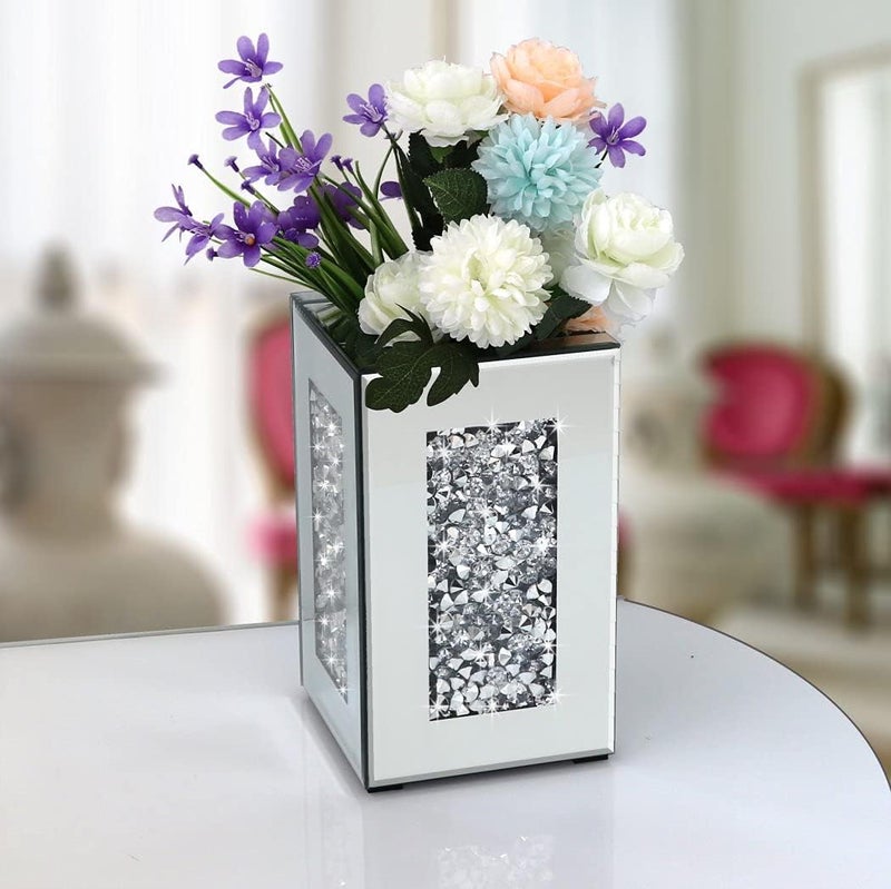 ALLARTONLY Crushed Diamond Mirrored Vase 6x6x10 inch Crystal Silver Glass Stunning Decorative Vase Flower Luxury for Home Decor. Can’t Hold Water. - Image 3
