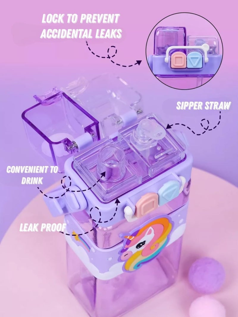 PLUSPOINT Unicorn Water Bottle for Kids with Carry Strap to Hang Double drinking Caps Sipper Bottle with Straw & Wide Mouth Leakproof, BPA Free Tritan Water Bottle for School Kids 520ML (Purple) - Image 5
