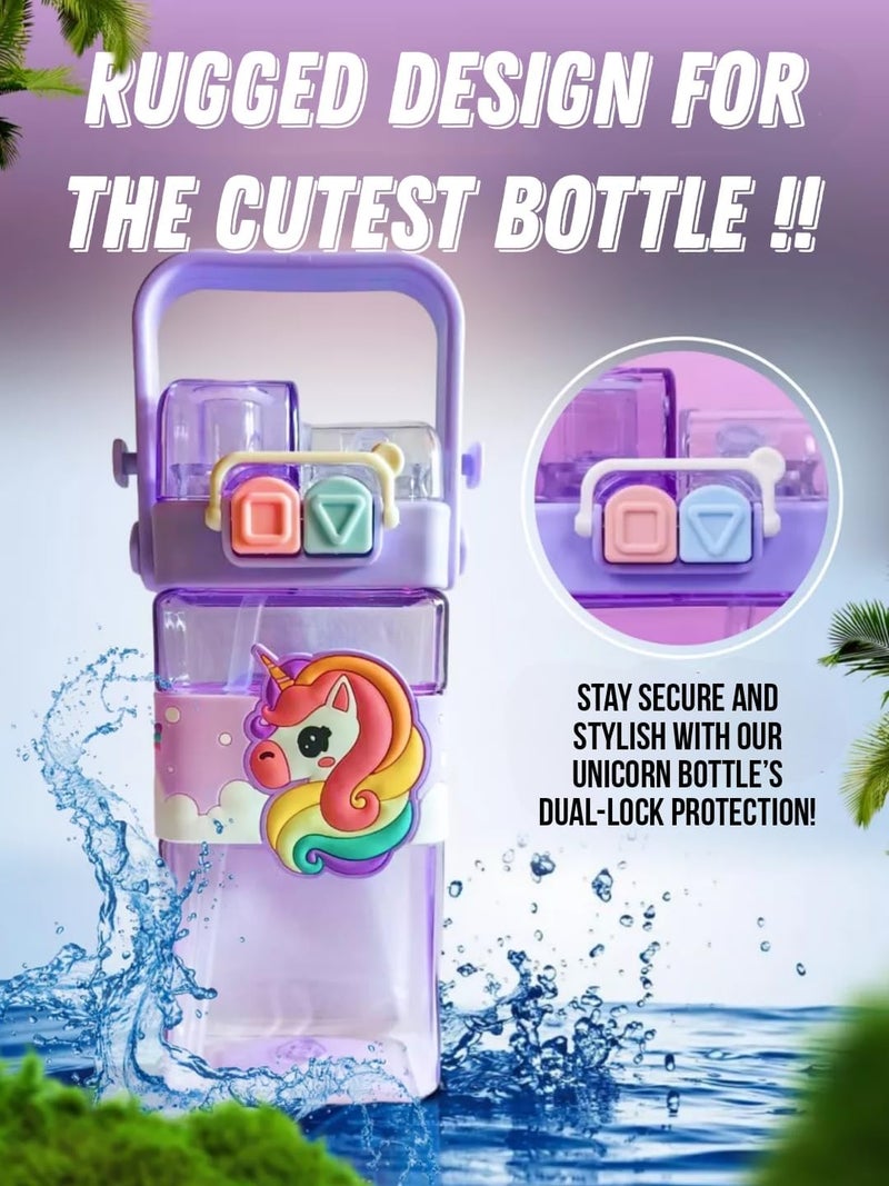 PLUSPOINT Unicorn Water Bottle for Kids with Carry Strap to Hang Double drinking Caps Sipper Bottle with Straw & Wide Mouth Leakproof, BPA Free Tritan Water Bottle for School Kids 520ML (Purple) - Image 4