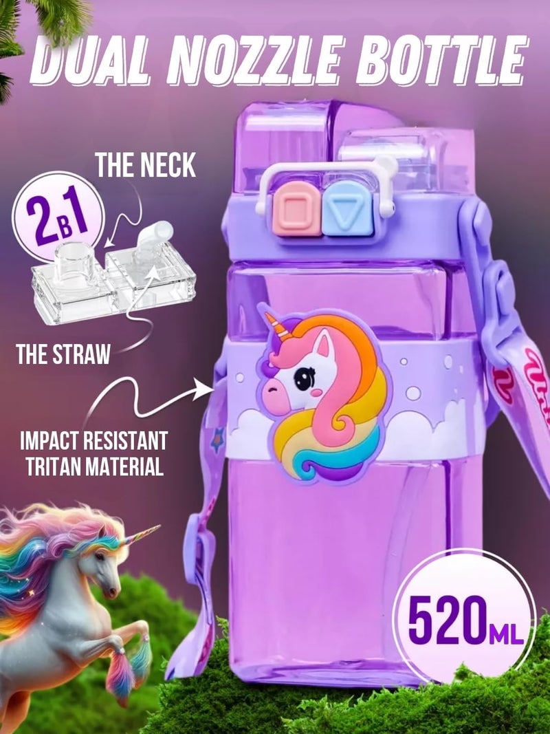 PLUSPOINT Unicorn Water Bottle for Kids with Carry Strap to Hang Double drinking Caps Sipper Bottle with Straw & Wide Mouth Leakproof, BPA Free Tritan Water Bottle for School Kids 520ML (Purple) - Image 3