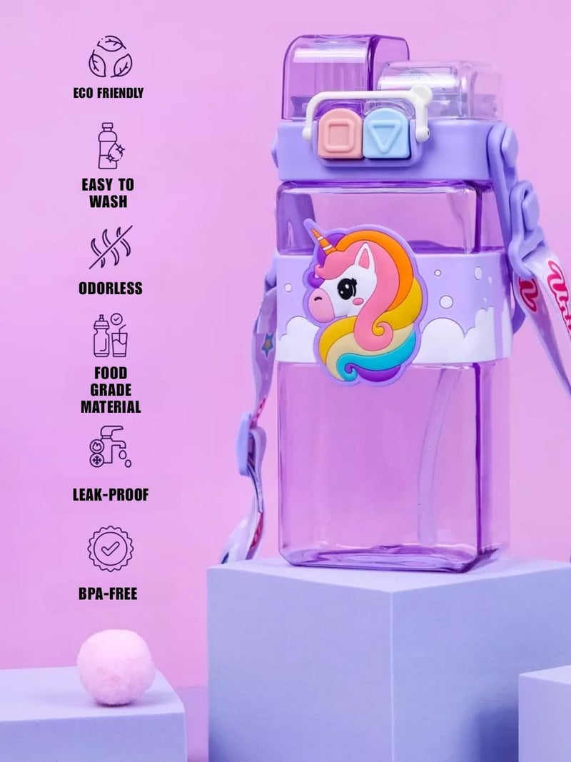 PLUSPOINT Unicorn Water Bottle for Kids with Carry Strap to Hang Double drinking Caps Sipper Bottle with Straw & Wide Mouth Leakproof, BPA Free Tritan Water Bottle for School Kids 520ML (Purple) - Image 2
