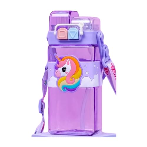 PLUSPOINT Unicorn Water Bottle for Kids with Carry Strap to Hang Double drinking Caps Sipper Bottle with Straw & Wide Mouth Leakproof, BPA Free Tritan Water Bottle for School Kids 520ML (Purple) - Image 1