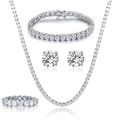 Gemsme 18K White Gold Plated Tennis Necklace/Bracelet/Earrings/Band Ring Sets Hypoallergenic Jewelry Pack of 4 (9) - Image 1