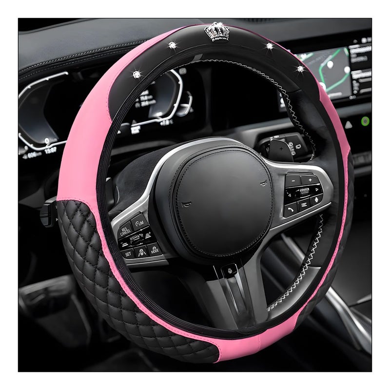 Yourkar Bling Car Steering Wheel Cover 15 Inch Diamond Crown Leather Auto Steering Wheel Protector Sparkly Crystal Elastic Stretch Steering Wheel Cover Car Accessories Pink - Image 3