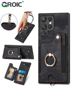 GROIC Black Samsung Galaxy S24 Ultra Phone Case Wallet Card Holder,Women Men PU Leather Flip Folio Case,RFID Blocking Ring Holder Kickstand Wrist Strap Magnetic Protective Cover for Samsung Galaxy S24 Ultra  - Image 1