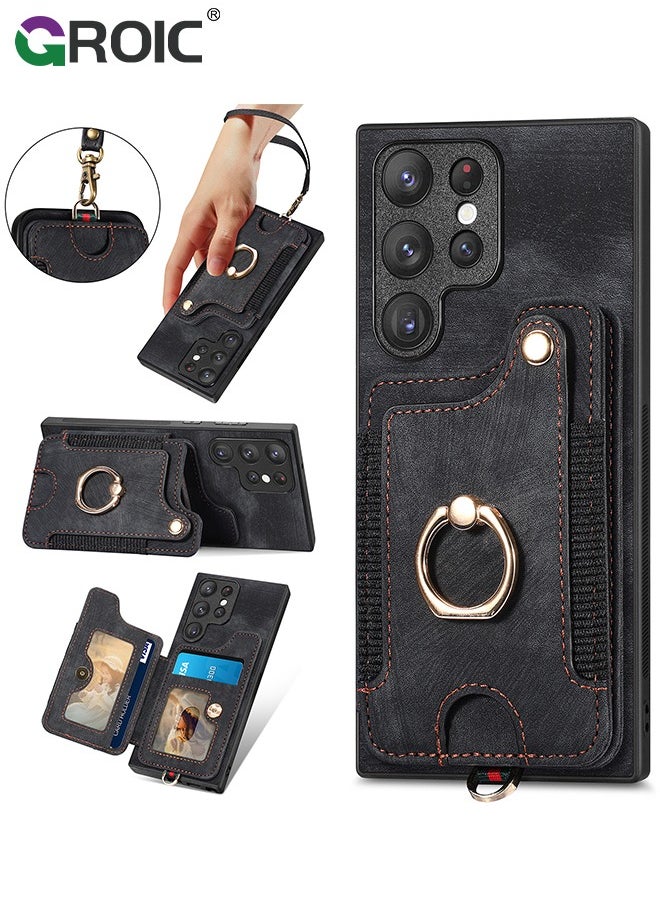 GROIC Black Samsung Galaxy S24 Ultra Phone Case Wallet Card Holder,Women Men PU Leather Flip Folio Case,RFID Blocking Ring Holder Kickstand Wrist Strap Magnetic Protective Cover for Samsung Galaxy S24 Ultra  - Image 1