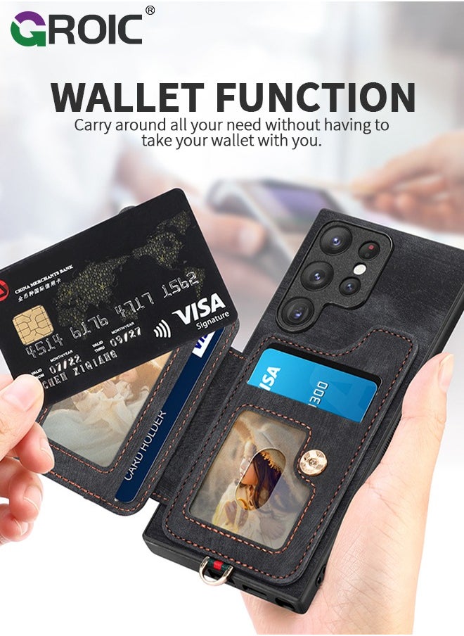 GROIC Black Samsung Galaxy S24 Ultra Phone Case Wallet Card Holder,Women Men PU Leather Flip Folio Case,RFID Blocking Ring Holder Kickstand Wrist Strap Magnetic Protective Cover for Samsung Galaxy S24 Ultra  - Image 2