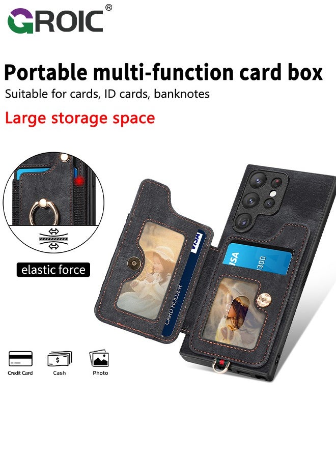 GROIC Black Samsung Galaxy S24 Ultra Phone Case Wallet Card Holder,Women Men PU Leather Flip Folio Case,RFID Blocking Ring Holder Kickstand Wrist Strap Magnetic Protective Cover for Samsung Galaxy S24 Ultra  - Image 4