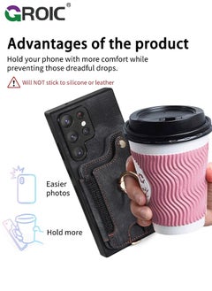 GROIC Black Samsung Galaxy S24 Ultra Phone Case Wallet Card Holder,Women Men PU Leather Flip Folio Case,RFID Blocking Ring Holder Kickstand Wrist Strap Magnetic Protective Cover for Samsung Galaxy S24 Ultra  - Image 3
