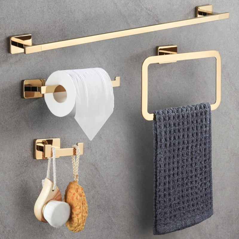 DUFU Bathroom Hardware Set, Hand Towel Bar Toilet Paper Holder Towel Ring and Robe Hook 4 Pieces, Rustproof SUS304 Stainless Steel Bathroom Accessories Kit Wall Mounted - Gold, 24 Inch