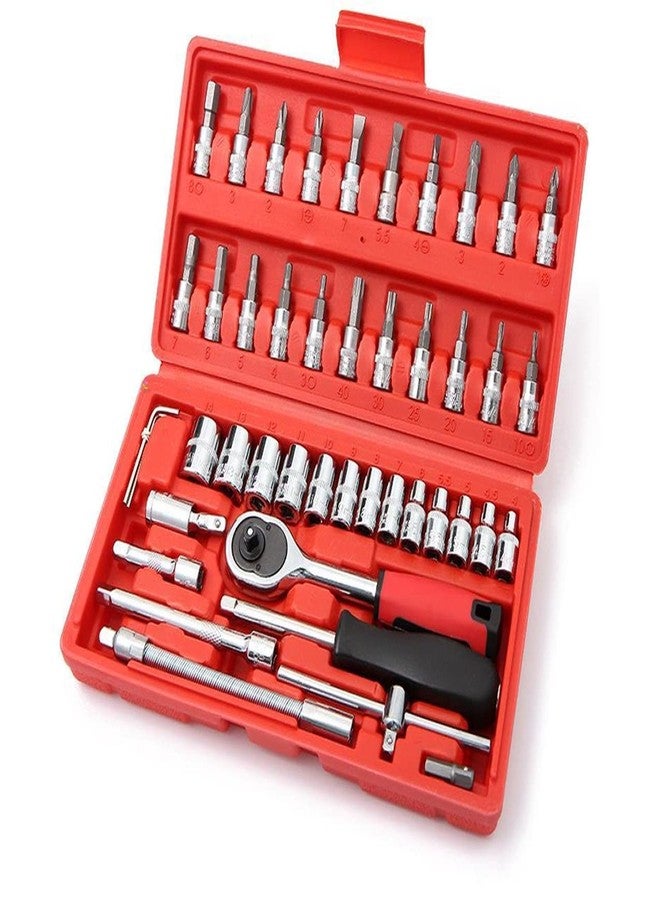 FLIZZOW 46Pcs 1/4 Inch Drive Box End Socket Set,Metric Ratchet Wrench Set With 4-14Mm Cr-V Sockets,S2 Bits,Extension Bars,Mechanic Tool Kits For Household Auto Repair,Chrome Vanadium Steel - Image 1