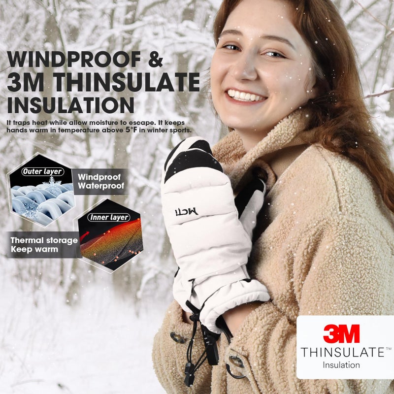 MCTi Ski Mittens Women's Snow Mitten Touch Screen Waterproof Insulated Quilted Mitts with Hidden Zipper - Image 2