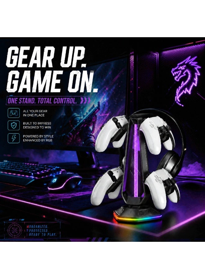 سايتاك حامل Saitake لأربع وحدات تحكم وسماعة رأس مع إضاءة RGB ومنفذي شحن USB - أسود - Image 2