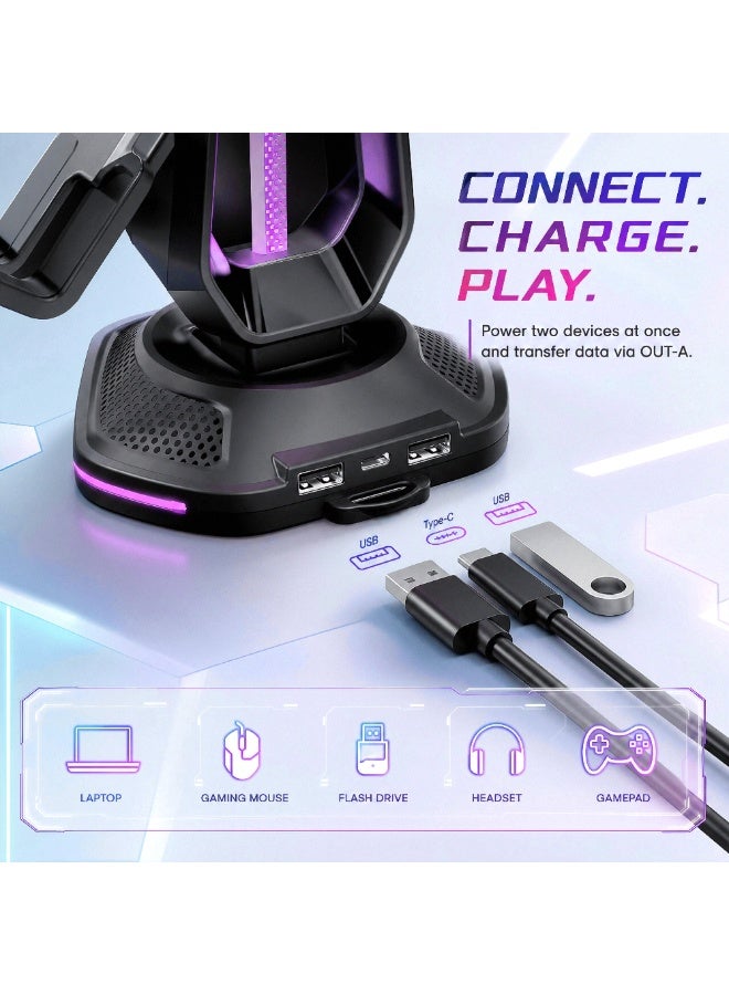 سايتاك حامل Saitake لأربع وحدات تحكم وسماعة رأس مع إضاءة RGB ومنفذي شحن USB - أسود - Image 5