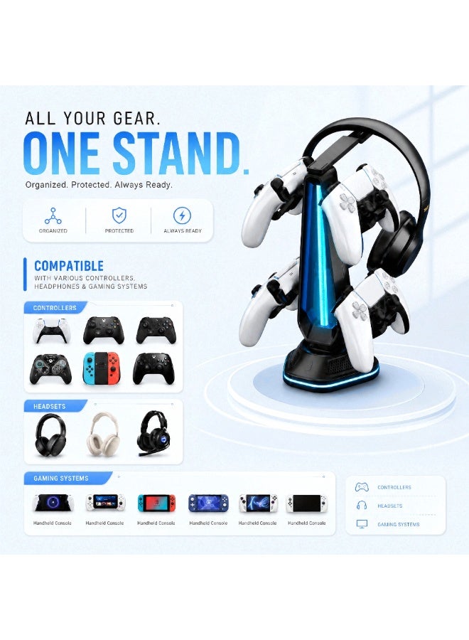 سايتاك حامل Saitake لأربع وحدات تحكم وسماعة رأس مع إضاءة RGB ومنفذي شحن USB - أسود - Image 4