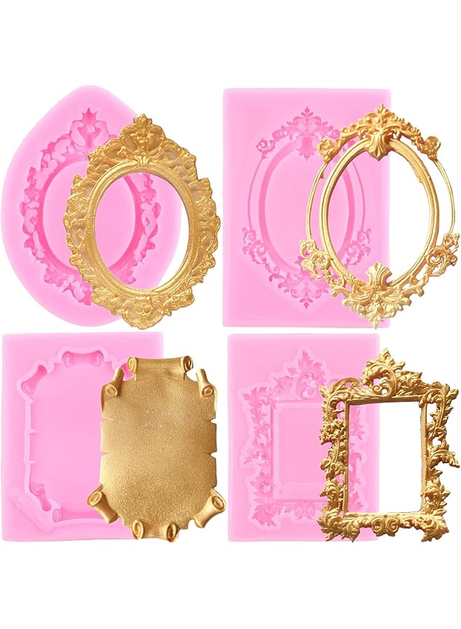 S-TOP Picture Frames Silicone Mold Baroque Style Curlicues Scroll Lace Photo Frame Fondant Molds For Cake Decorating Cupcake Topper Chocolate Candy Polymer Clay Set Of 4 - Image 1