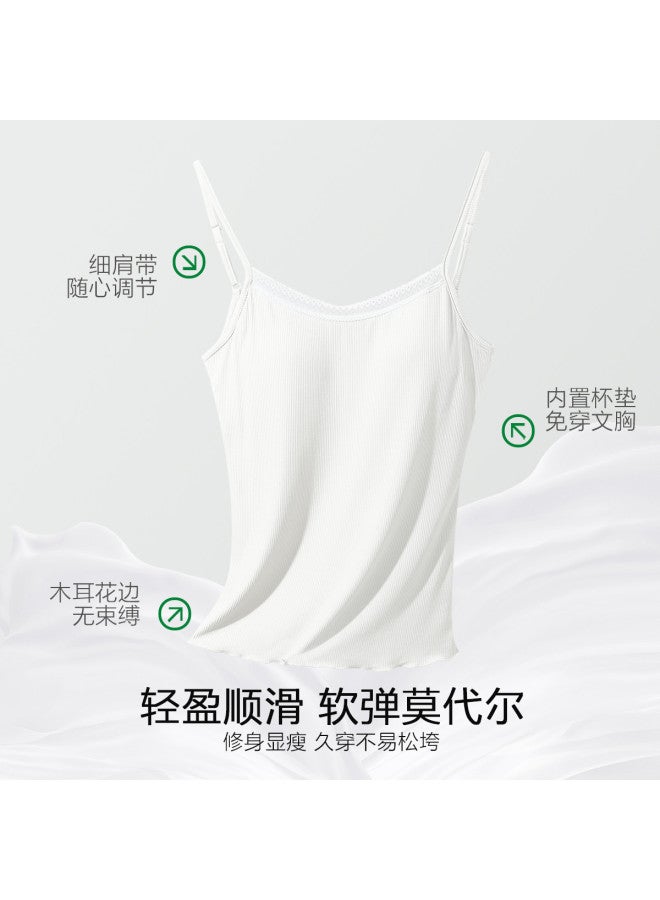 Red Bean Vertical Striped Modal Camisole With Built-In Bra Pads And Lace Trim For Women - Image 3