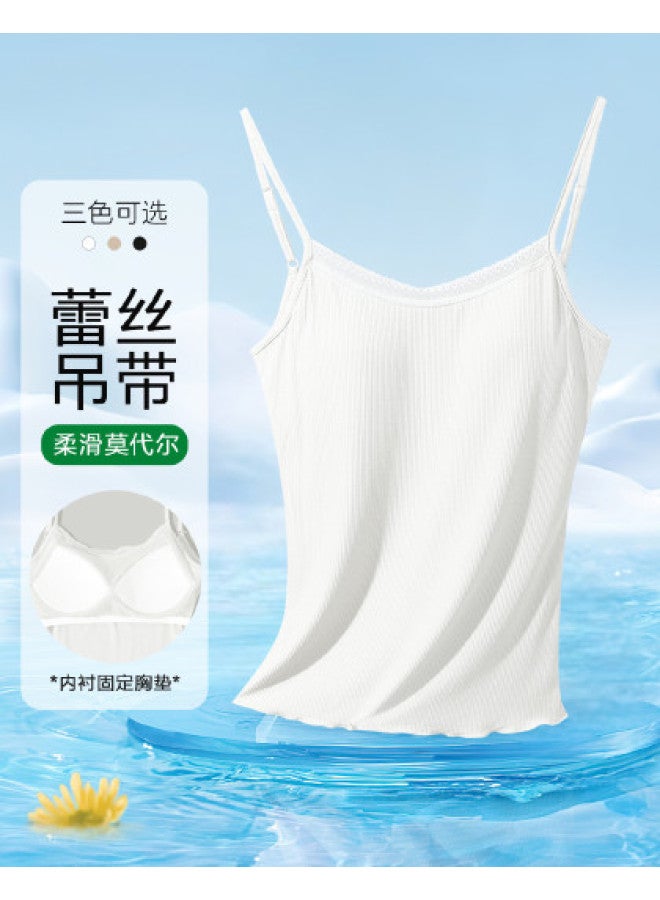 Red Bean Vertical Striped Modal Camisole With Built-In Bra Pads And Lace Trim For Women - Image 1