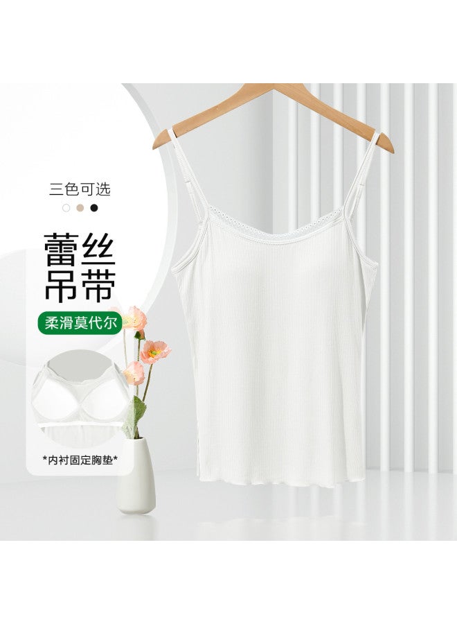 Red Bean Vertical Striped Modal Camisole With Built-In Bra Pads And Lace Trim For Women - Image 2