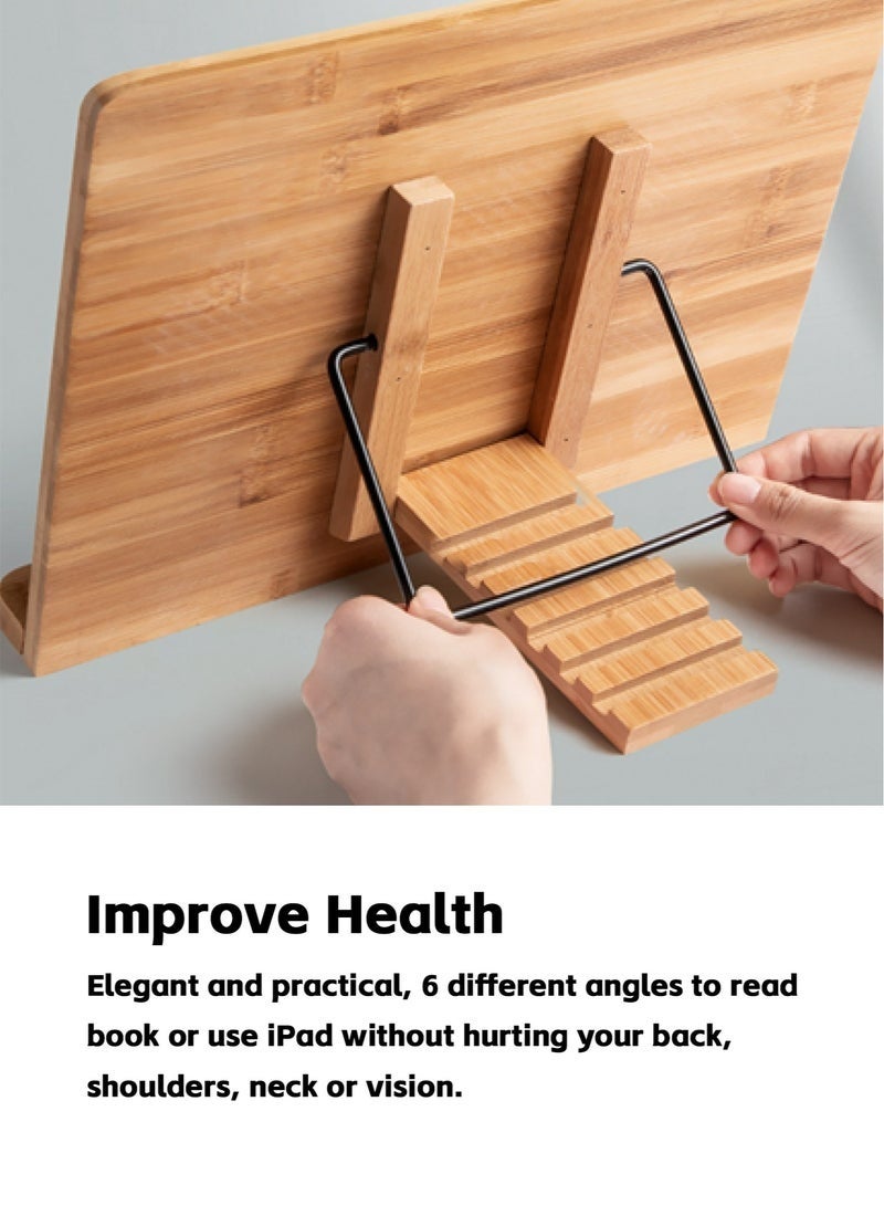 Bukela 2 Pieces Bamboo Book Stand, Sturdy Large Cookbook Magazine iPad Reading Book Holder with 6 Adjustable Height Gear Angle, Foldable Tablet Textbook Bookstand, Tray and Page Paper Clips (33.5*23.5CM) - Image 5