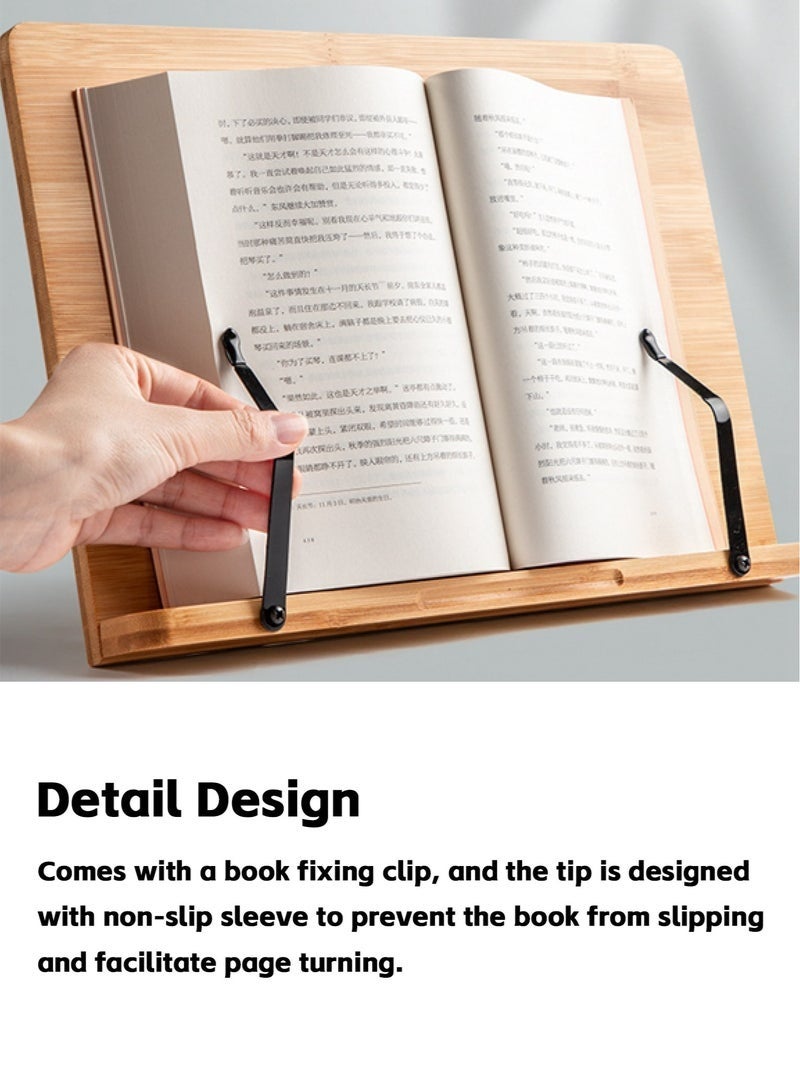 Bukela 2 Pieces Bamboo Book Stand, Sturdy Large Cookbook Magazine iPad Reading Book Holder with 6 Adjustable Height Gear Angle, Foldable Tablet Textbook Bookstand, Tray and Page Paper Clips (33.5*23.5CM) - Image 2