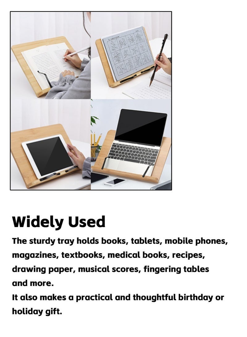 Bukela 2 Pieces Bamboo Book Stand, Sturdy Large Cookbook Magazine iPad Reading Book Holder with 6 Adjustable Height Gear Angle, Foldable Tablet Textbook Bookstand, Tray and Page Paper Clips (33.5*23.5CM) - Image 4